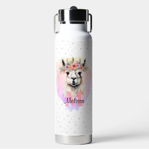 Boho Floral Wildflower Llama Pretty Pink Animal Water Bottle