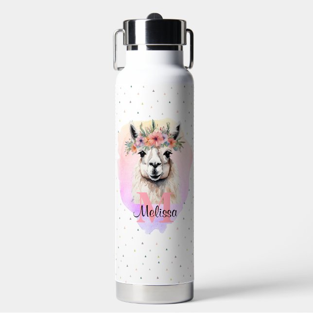 Boho Floral Wildflower Llama Pretty Pink Animal Water Bottle (Front)