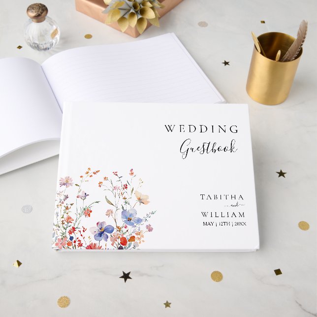 Boho Floral wildflower wedding Guest Book (Front Open)