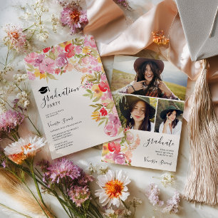 Boho Floral wildflowers 3 photos graduation Invitation