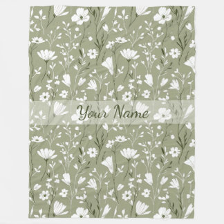 Boho Floral Wildflowers Sage Green Personalized  Fleece Blanket