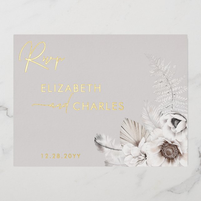 Boho Floral Winter Rustic Botanical RSVP Foil Invitation Postcard (Front)