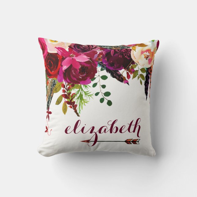 Boho Floral with your Name and Arrow Throw Pillow (Front)