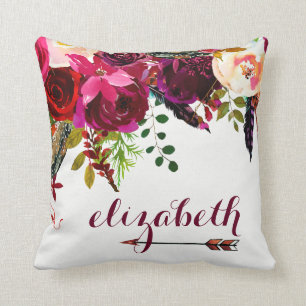 Boho Floral with your Name and Arrow Throw Pillow