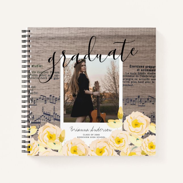 Boho Floral Wood Music Photo Graduation Notebook (Front)