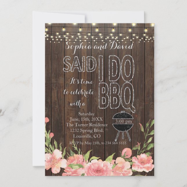 Boho Floral Wood String Lights I DO BBQ Invite (Front)