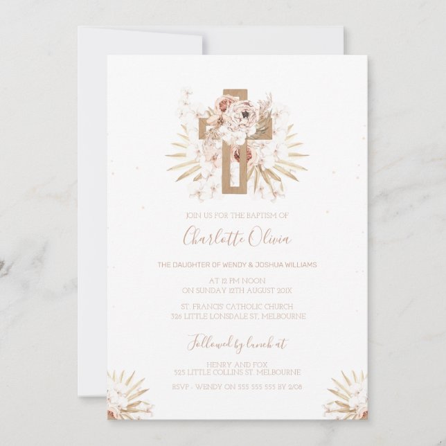 Boho Floral Wooden Cross Baptism Invitation (Front)