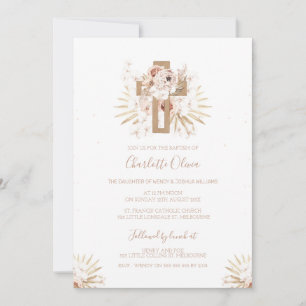Boho Floral Wooden Cross Baptism Invitation