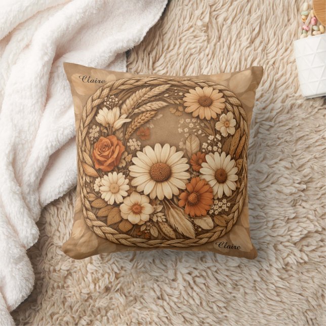Boho Floral Woven Circle Customizable Throw Pillow (Blanket)