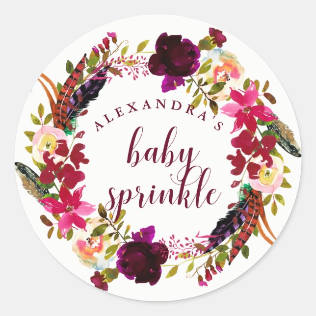 Boho Floral Wreath | Baby Sprinkle Classic Round Sticker (Front)