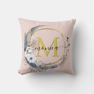 Boho Floral Wreath Blush Pink Monogram Name Throw Pillow