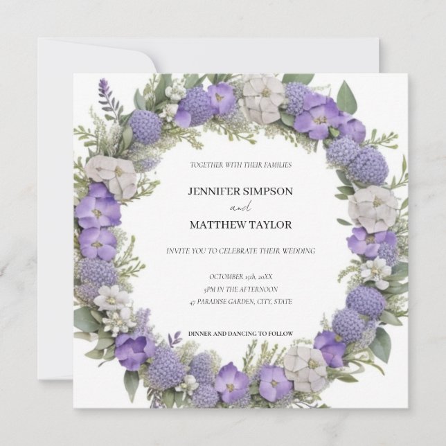 Boho Floral Wreath in Purple & White Retro Wedding Invitation (Front)