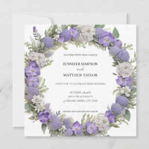 Boho Floral Wreath in Purple & White Retro Wedding Invitation