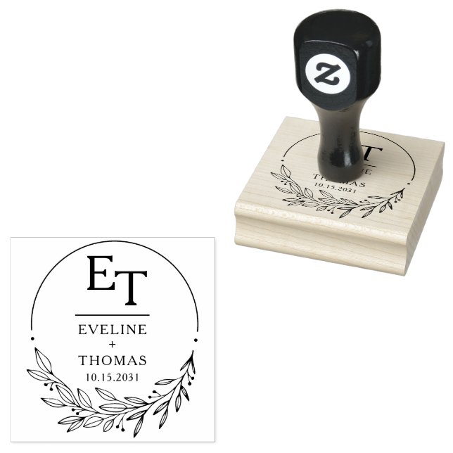 Boho floral wreath monogram custom wedding logo rubber stamp (Stamped)