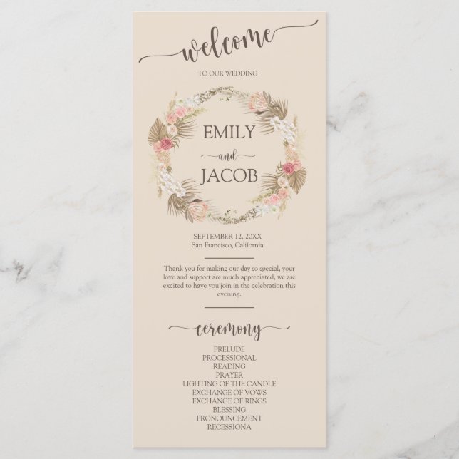 Boho Floral Wreath Script Wedding Flat Program (Front)