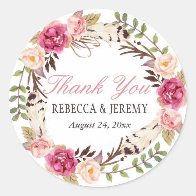Boho Floral Wreath Thank You Wedding Favour Classic Round Sticker (Front)
