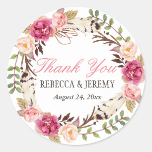Boho Floral Wreath Thank You Wedding Favour Classic Round Sticker