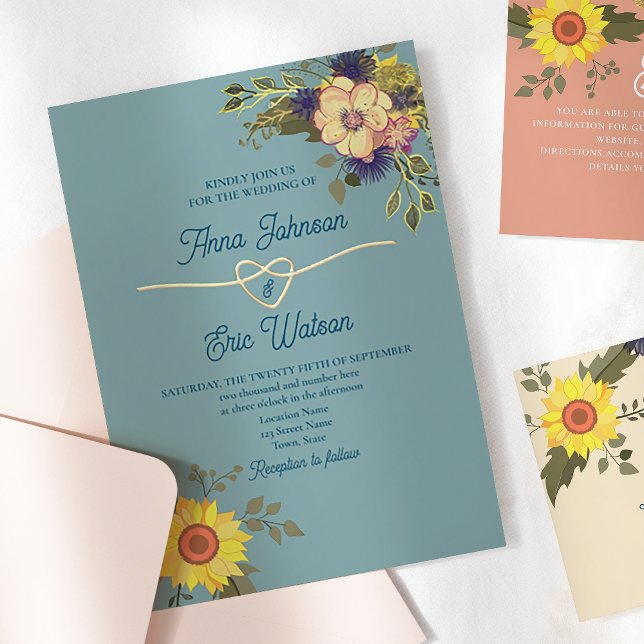 Boho Floral Yellow Pink and Blue Wedding Invitation (Creator Uploaded)
