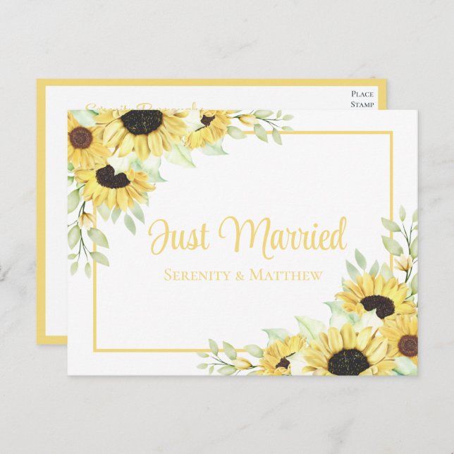 Boho Floral Yellow Sunflower Just Married Wedding Announcement Postcard (Front/Back)