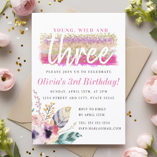 Boho Floral Young Wild and Three Girl's Birthday Invitation