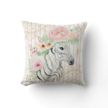 Boho Floral Zebra Pillow – Watercolor Animal Print