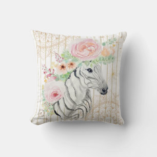 Boho Floral Zebra Pillow – Watercolor Animal Print