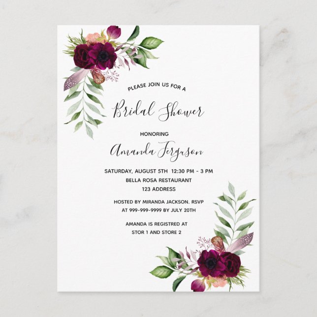 Boho florals bridal shower invitation postcard (Front)