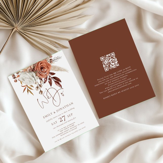 Boho Florals Brown Cream We Do QR Code Wedding Invitation (front and back view)