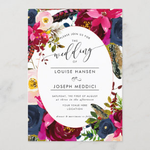Boho Florals Burgundy Navy Watercolor Wedding Invitation