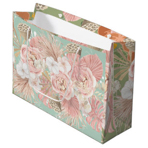 Boho Florals Pink Grey White Large Gift Bag