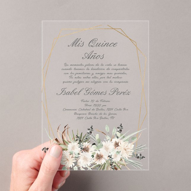 Boho flower acrylic Quinceanera invitation  (Insitu (Handheld))