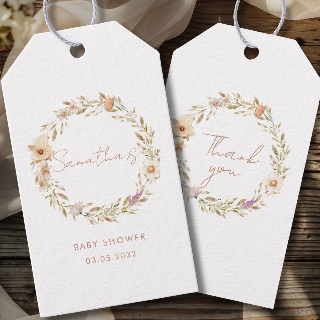 Boho Flower Baby Shower Gift Tags (Boho Flower Custom Baby Shower Gift Tags with your Name & Date. For Baby Girl & Baby Boy.)