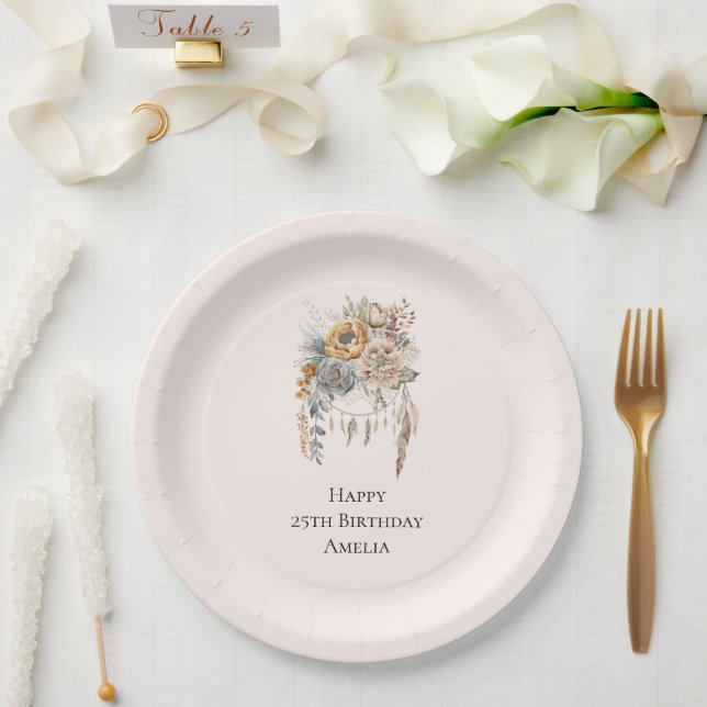 Boho Flower Bouquet and Dreamcatcher Birthday Paper Plate (Wedding)