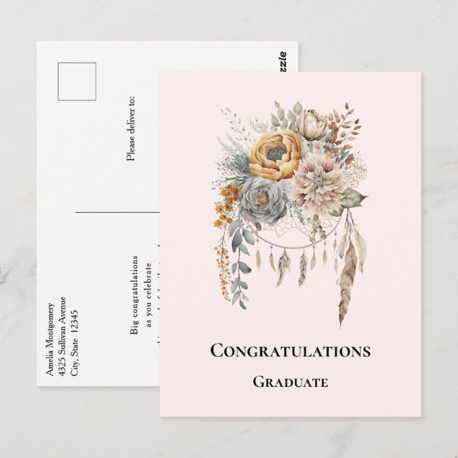 Boho Flower Bouquet and Dreamcatcher Graduation Postcard (Front/Back)