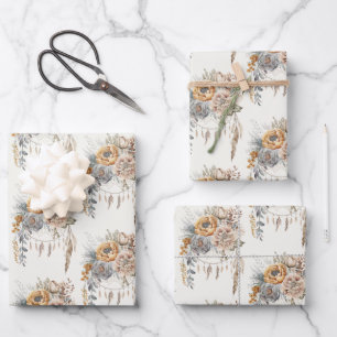 Boho Flower Bouquet and Dreamcatcher Pattern Wrapping Paper Sheet