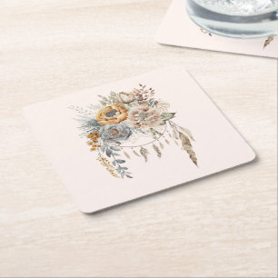 Boho Flower Bouquet and Dreamcatcher Square Paper Coaster