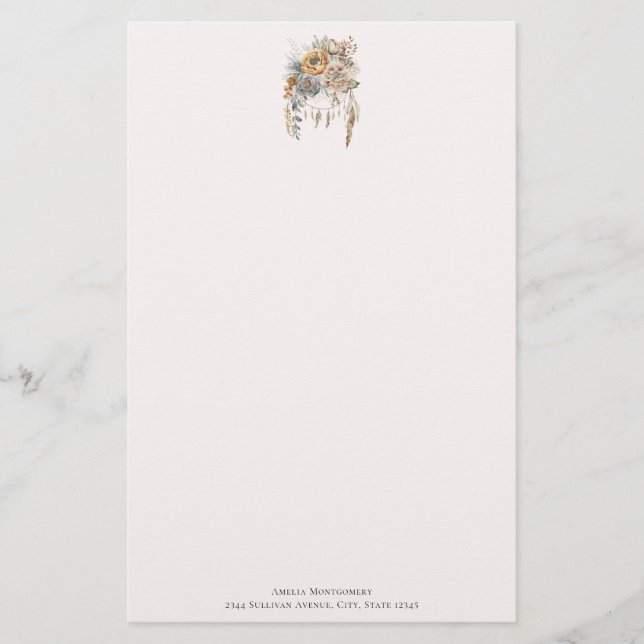 Boho Flower Bouquet and Dreamcatcher Stationery (Front)