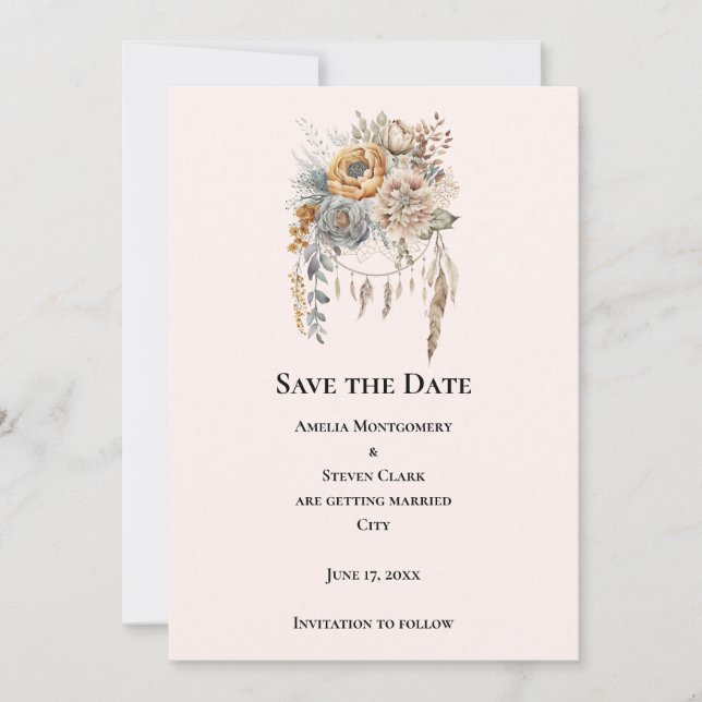 Boho Flower Bouquet in Neutral Colours Wedding Save The Date (Front)