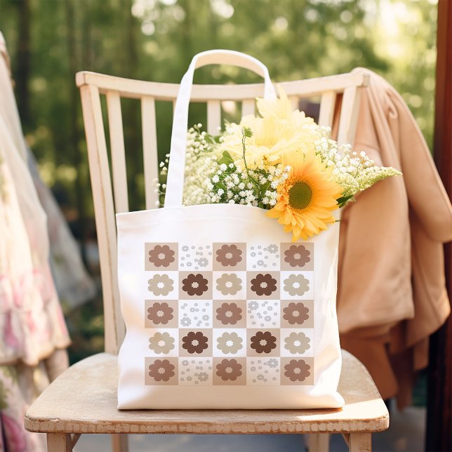 Boho Flower Chequered Tote Bag (Creator Uploaded)