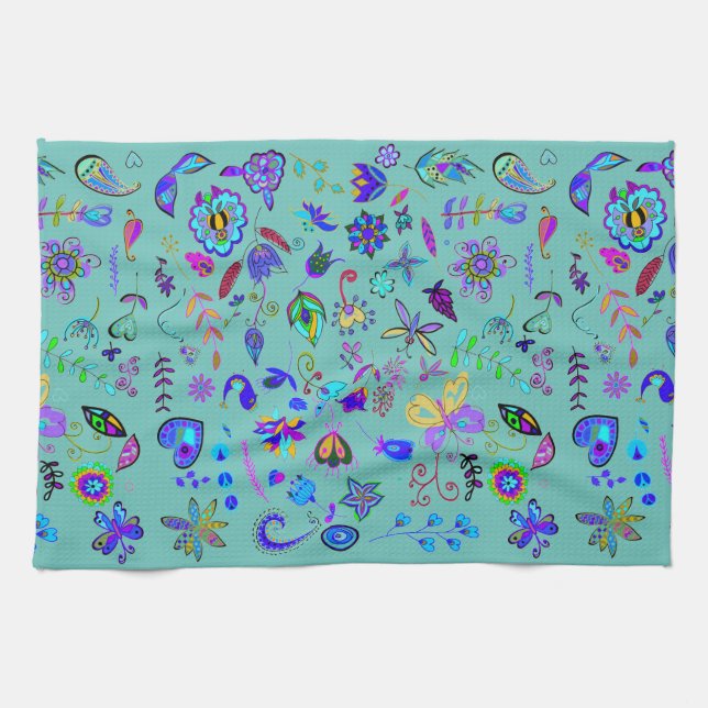 Boho Flower Doodles Kitchen Towel (Horizontal)
