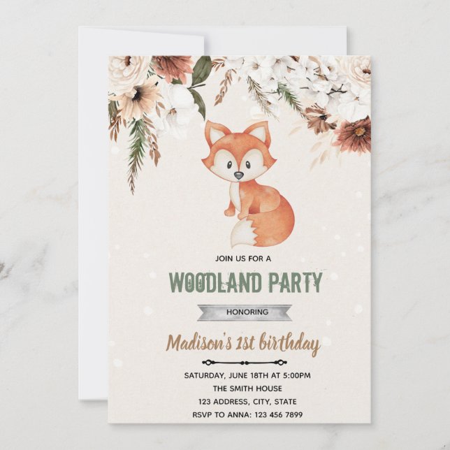 Boho flower fox shower invitation (Front)