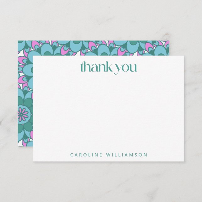 Boho Flower Groovy Green Personalized Name  Thank You Card (Front/Back)
