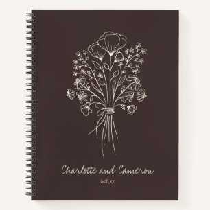 Boho Flower Line Art Drawing Brown Custom Wedding Notebook