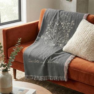 Boho Flower Line Art Drawing Monogrammed Wedding  Throw Blanket