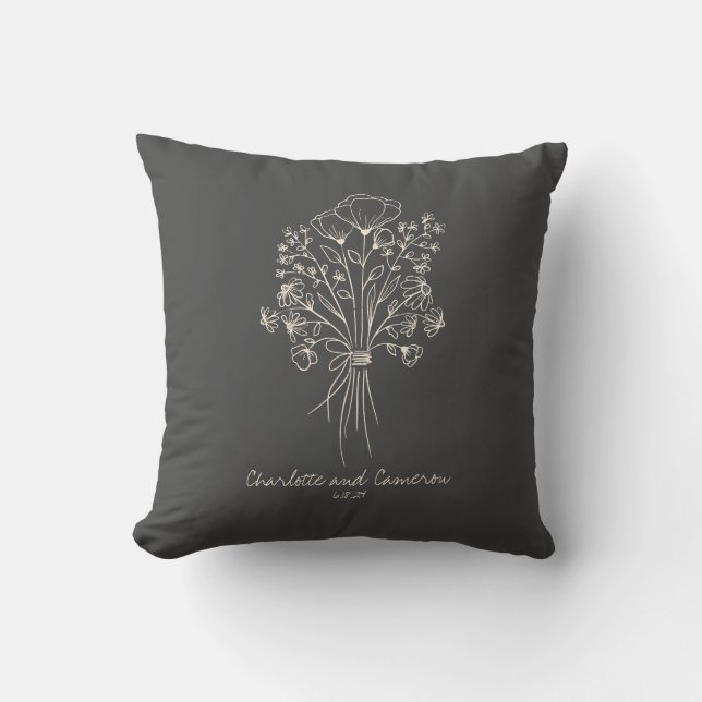 Boho Flower Line Art Drawing Personalized Names  Throw Pillow (Front)