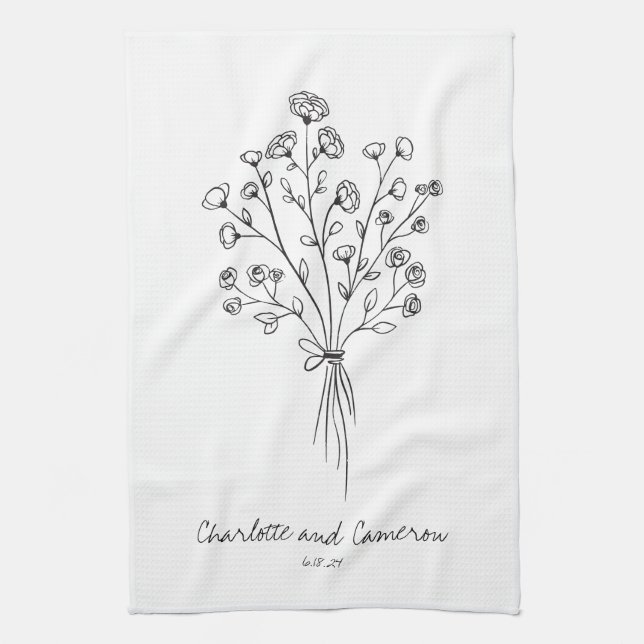 Boho Flower Line Art Drawing Personalized Wedding  Kitchen Towel (Vertical)