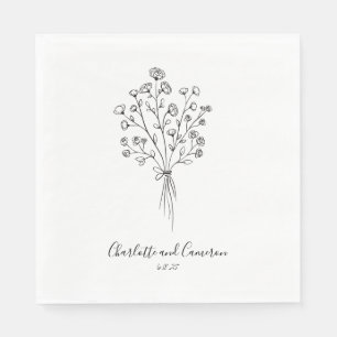 Boho Flower Line Art Drawing Personalized Wedding  Napkin