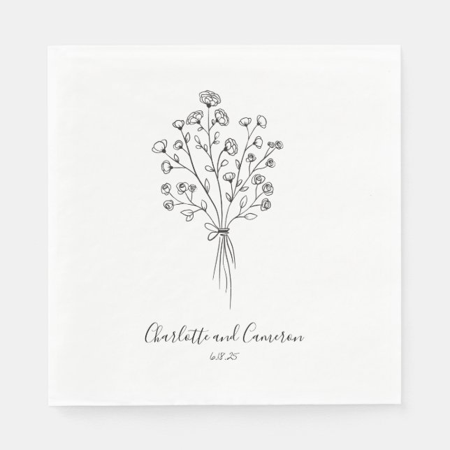 Boho Flower Line Art Drawing Personalized Wedding  Napkin (Front)