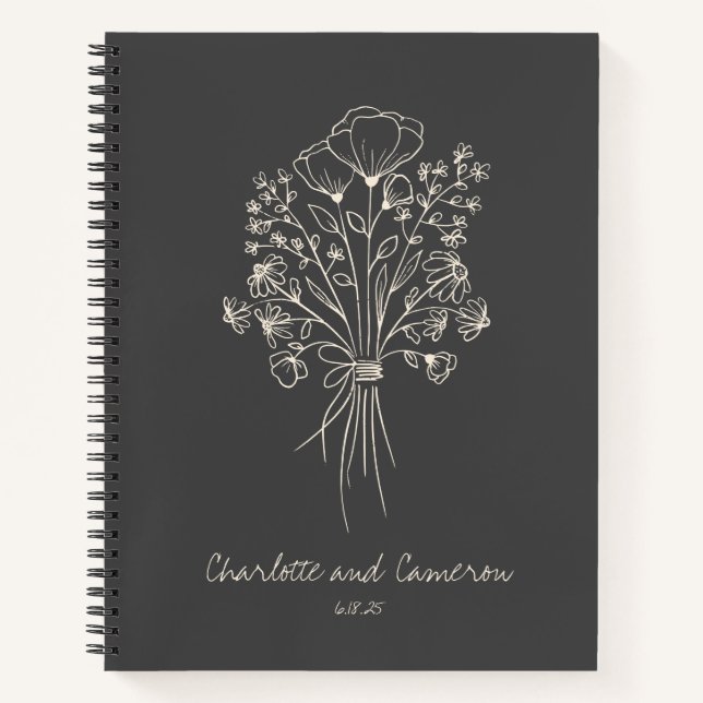 Boho Flower Line Art Drawing Personalized Wedding Notebook (Front)
