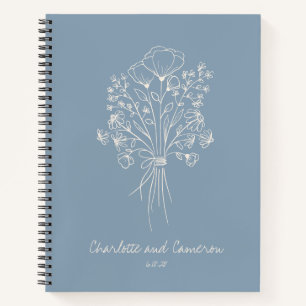 Boho Flower Line Art Personalized Wedding Blue Notebook